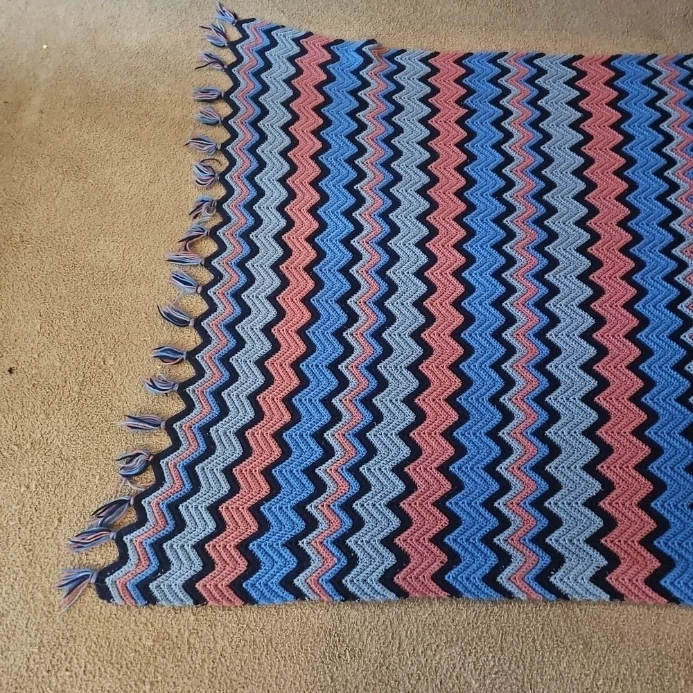 Vintage Handmade Chevron Crochet Blanket Blue Pink 1970s Afghan 95